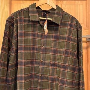 Eddie Bauer Olive Green and Navy Plaid Flannel Button-Down Shirt Sz XXL